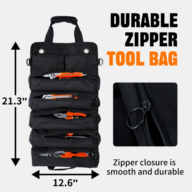 Portable Foldable Roll Up Tool Bag, Heavy Duty Tool Organizer Bag with 5 Compartments & 2 Detachable Pouches for Tools Storage, Waterproof Tool Roll Bag for Dad Men Electrician Mechanic Gifts black