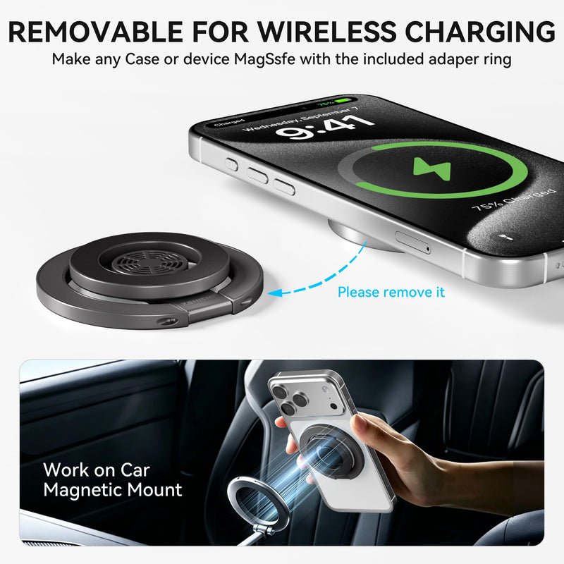 Magnetic Phone Ring Holder for MagSafe - Cell Phone Grip Stand with Aromatherapy Double-Sided Finger Grip Stand Compatible with iPhone 17/16/15/14/13/12 Series and Magnetic Car Mount (Black) Black