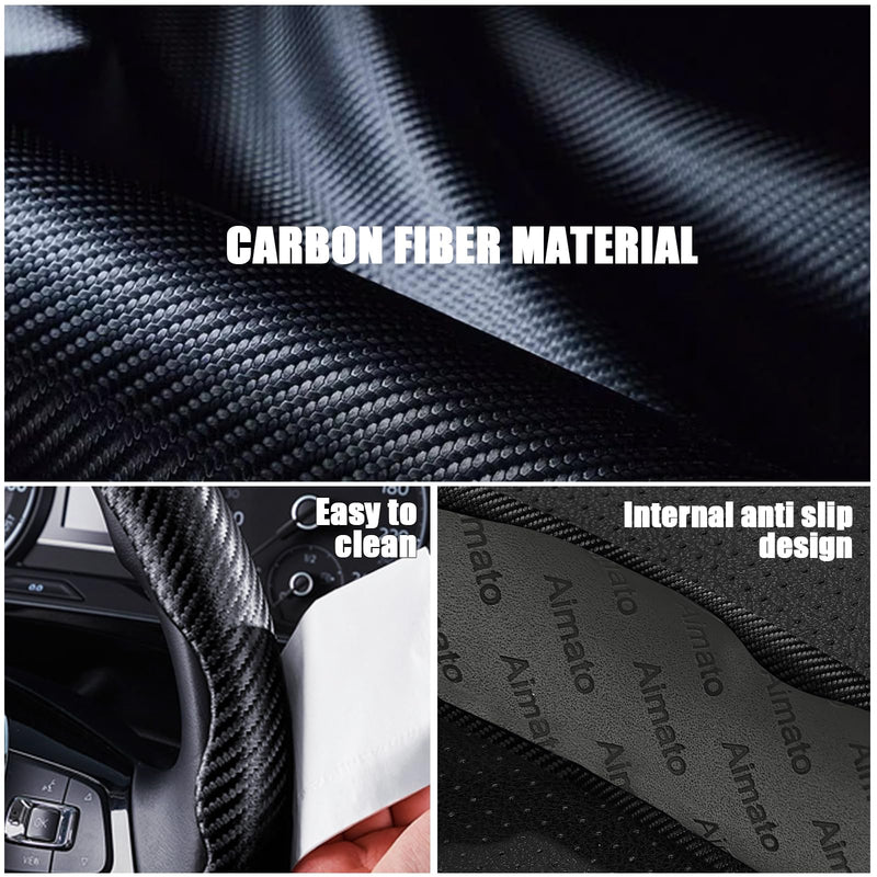 3 Piece Carbon Fiber Steering Wheel Cover,Car Steering Wheel Protector with Non-Slip Lining,Breathable Microfiber Universal for 14.5-15 inch,Black Black Standard Size[14"1/2-15"]