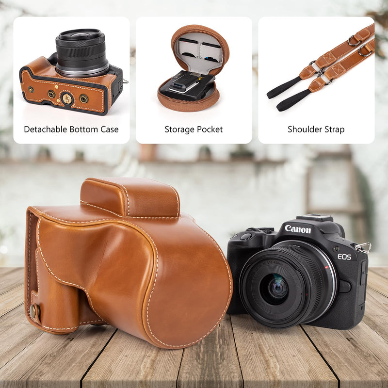 MUZIRI KINOKOO Protective Case for Canon EOS R50/R100 Camera and 18-45mm Lens, PU Leather EOSR50 R100 Camera Bag Including Half Case, Flip Cover, Shoulder Strap and Storage Pocket - Brown