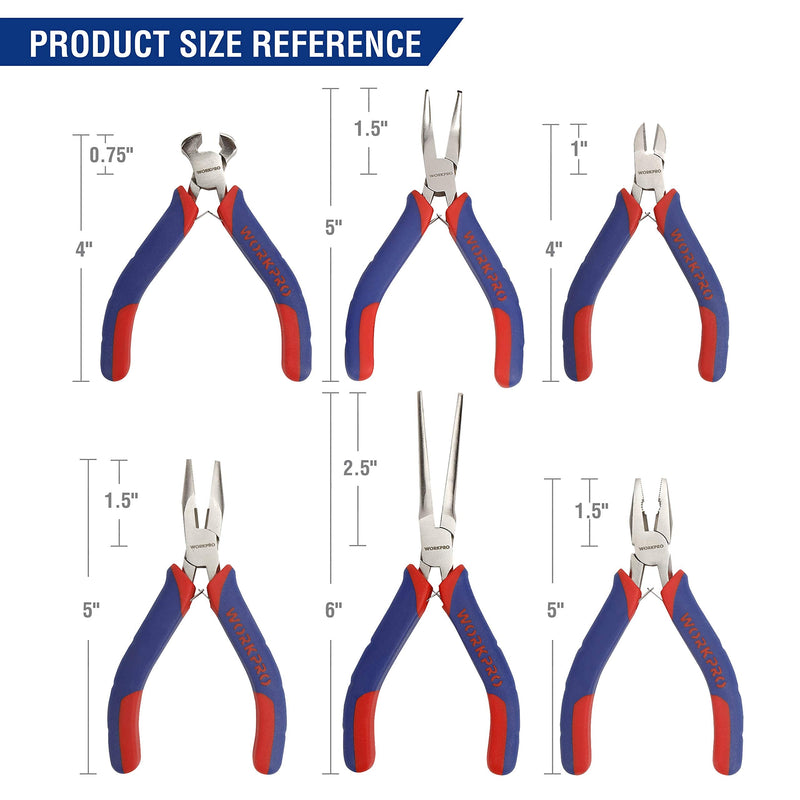 WORKPRO 6-piece Mini Pliers Set - Needle Nose, Diagonal, Long Nose, Bent Nose, End Cutting and Linesman, for Making Crafts, Repairing Electronic Devices, with Pouch Blue