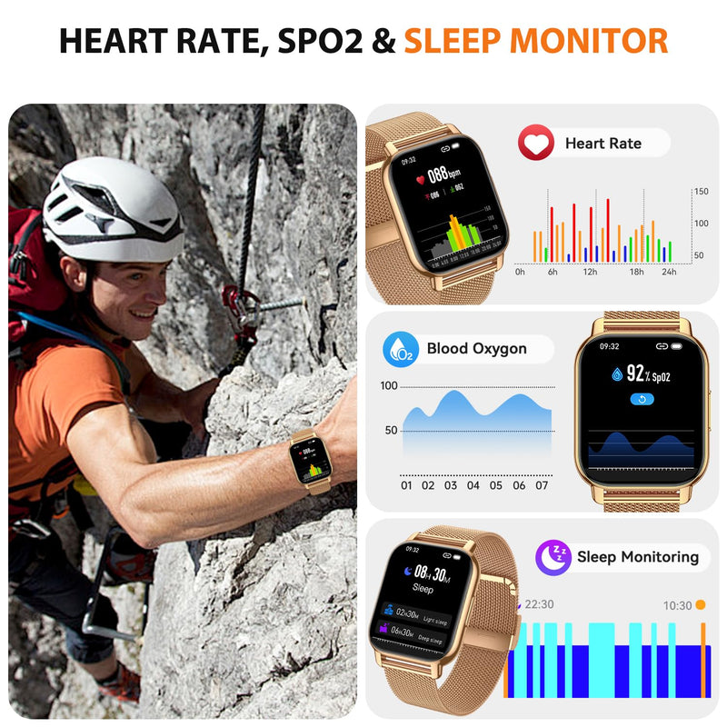Smart Watch for Women, Fitness Tracker with Bluetooth Calls & AI Voice Control, 1.85’’ HD Screen, Heart Rate/SpO2 Monitor, Sleep Tracker, Compatible with Android iOS (Gold) Gold