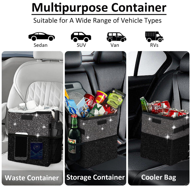 Cute Mini Car Trash Bag with Lid, Glitter Garbage Can Bin Hanging for Back/Front Seat/Console, Waterproof, Leakproof, 2.5 Gallon, Black Bling Sparkly