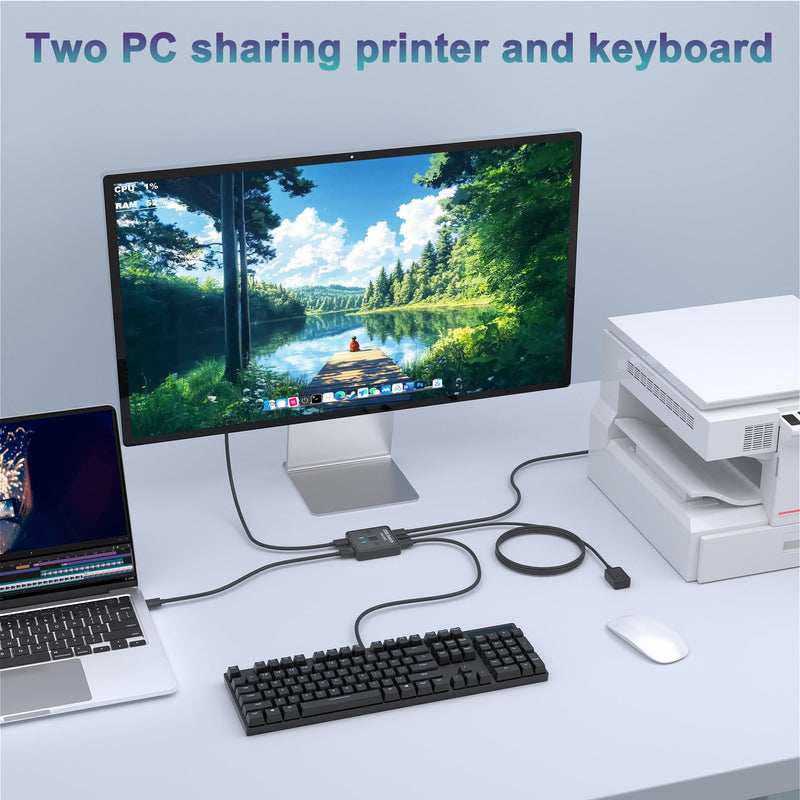 USB Switch 2 in 2 Out, USB Switcher 2 Computers Sharing Keyboard and Mouse | 2 USB 2.0 cables, External controller, Printer Splitter for 2 Computers