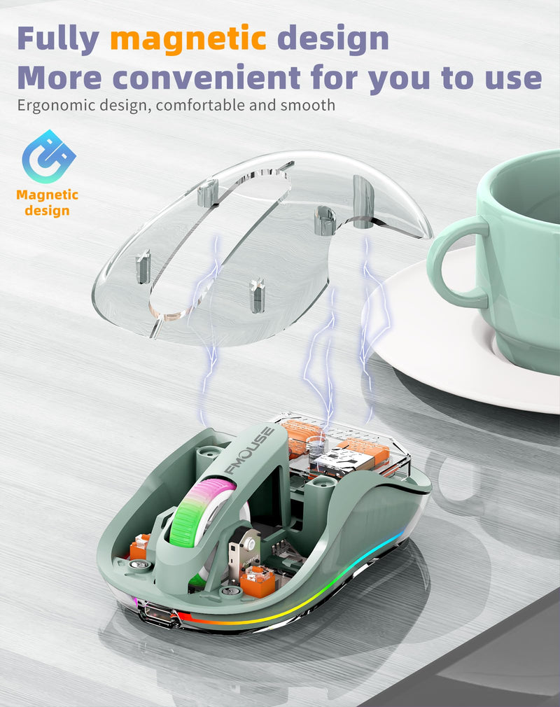 Interesting Transparent Bluetooth Mouse with USB & Type-C Two Receiver, Small Portable Silent Wireless Mice with RGB Lights for MacBook/pc/iPad/Laptop and Office Trip Green