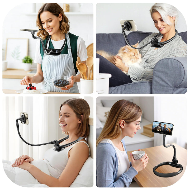 Magnetic Neck Phone Holder for Reading in Bed, One-Hand Operation Comfortable Lazy Cell Phone Mount for iPhone, Around Neck for Video Recording Watch Movies Black