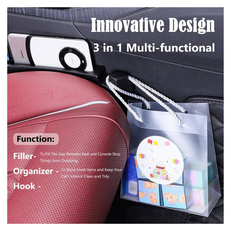 Car Seat Gap Filler Organizer 2 Pack, 3in1 Carseat Side Gap Plug with Filler, Organizer & Hook Functions, Gap Space Stopper Universal Fit Car SUV Truck Fill The Gap Between Seat & Console, Black Black, 2PCS with Hook