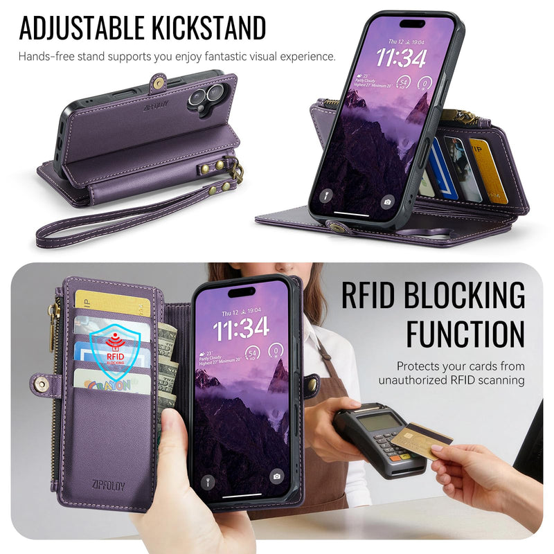 for iPhone 16 Plus - Phone Case Wallet Magnetic Detachable, Purple | Compatible with Magsafe, RFID Blocking Card Holder, Zipper Pocket, Wristlet, Durable PU Leather, Magnet Flip, for Women Men Deep Purple