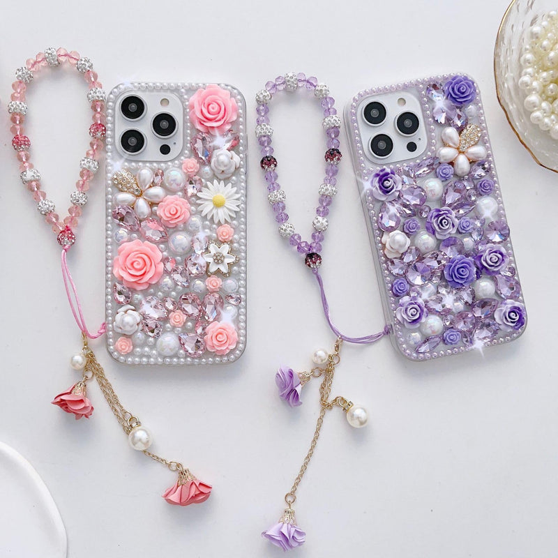 Bling Diamond Case for Samsung Galaxy A37 5G with Pearl Bracelet Strap Cover,Pink 3D Sparkly Shiny Crystal Rhinestones Flower Girly Shockproof Phone Case with Lanyard Pink