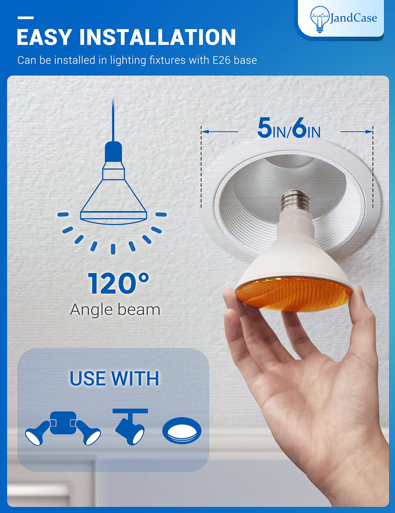 12W LED Bug Lights for Outside[4 Pack], JandCase Yellow Bug Light Bulbs Outdoor, 100Watt Equivalent, PAR30 Flood Light Bulbs for Porch, Patio, E26 Base, Non-Dimmable 4