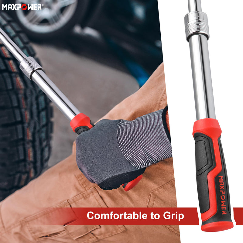 MAXPOWER Extendable Breaker Bar, Dual Head 1/2" & 3/8" Drive 360° Flex Head Cheater Bar, 5-Gear Extending Locking, Extendable Handle 13-3/8" to 18" Dual drive