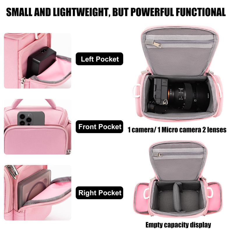 CADeN Compact Camera Shoulder Crossbody Bag Case Compatible for Nikon, Canon, Sony SLR/DSLR Mirrorless Cameras and Lenses Waterproof(1.0 S, Pink) 1.0 S