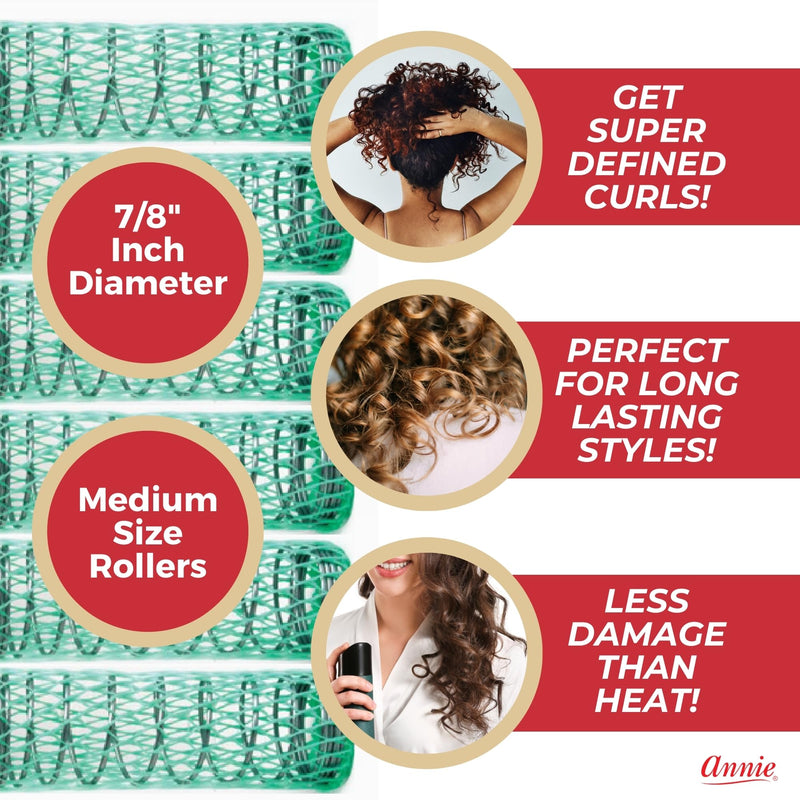 Annie Wire Mesh Rollers – Medium 7/8 Inch Hair Curlers for Defined Curls & Waves, Heatless Styling Tools for All Hair Types – 12 Count (Green)