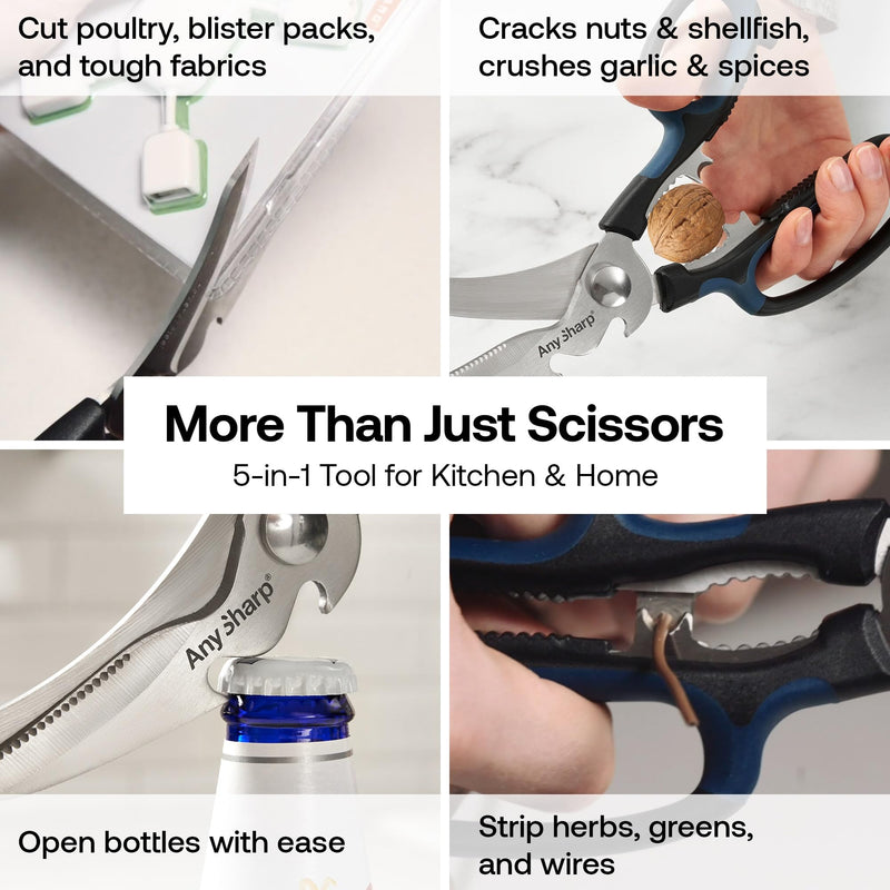 AnySharp 5-in-1 Multi-Function Kitchen Shears - Kitchen Scissors Heavy Duty with Hardened Steel Blades - Cut Chicken Bones and Thick Fabrics - Grip for Both Left and Right Handed - Dishwasher Safe Alloy Steel