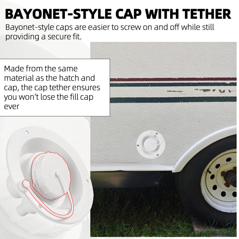 TonGass (2-Pack, White) Universal Fit Gravity Feed Fresh Water Fill Hatch Inlet for RV Trailers, 4.5" Diameter Fill Hatch Inlet - With 1-1/4 Barbed Connector, Bayonet-Style Cap and 1/2" Air Vent