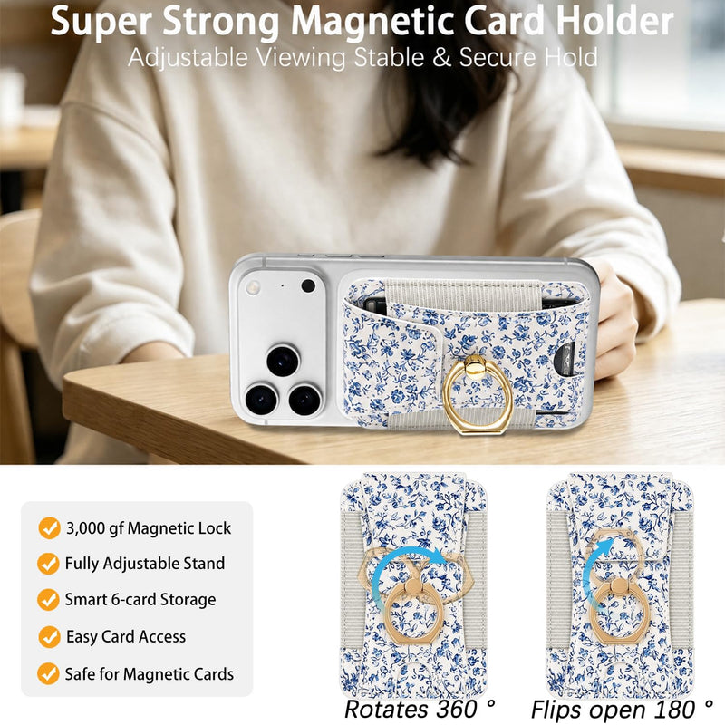 Compatible with Magsafe Ring Stand Card Holder Wallet (Blue Floral) | for iphone 17/16/15/14/13 Series for Women Men Fit 6 Cards with Privacy Flap Blue Floral