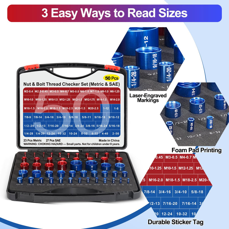 50PCS Thread Checker, Bolt Size Finder Nut and Bolt Thread Checker, 23 Metric & 27 SAE Box Set Thread Gauge Size Checker