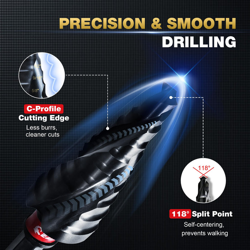 EZARC Step Drill Bit for Metal (3/16''-7/8'')，M35 Cobalt Wear-Resistant AlTiN Coated Step Drill Spiral Flute Unibit, 5/16" Thickened and 1/4" Hex Shank for Stainless Steel, Aluminum, Plastic 3/16"- 7/8"