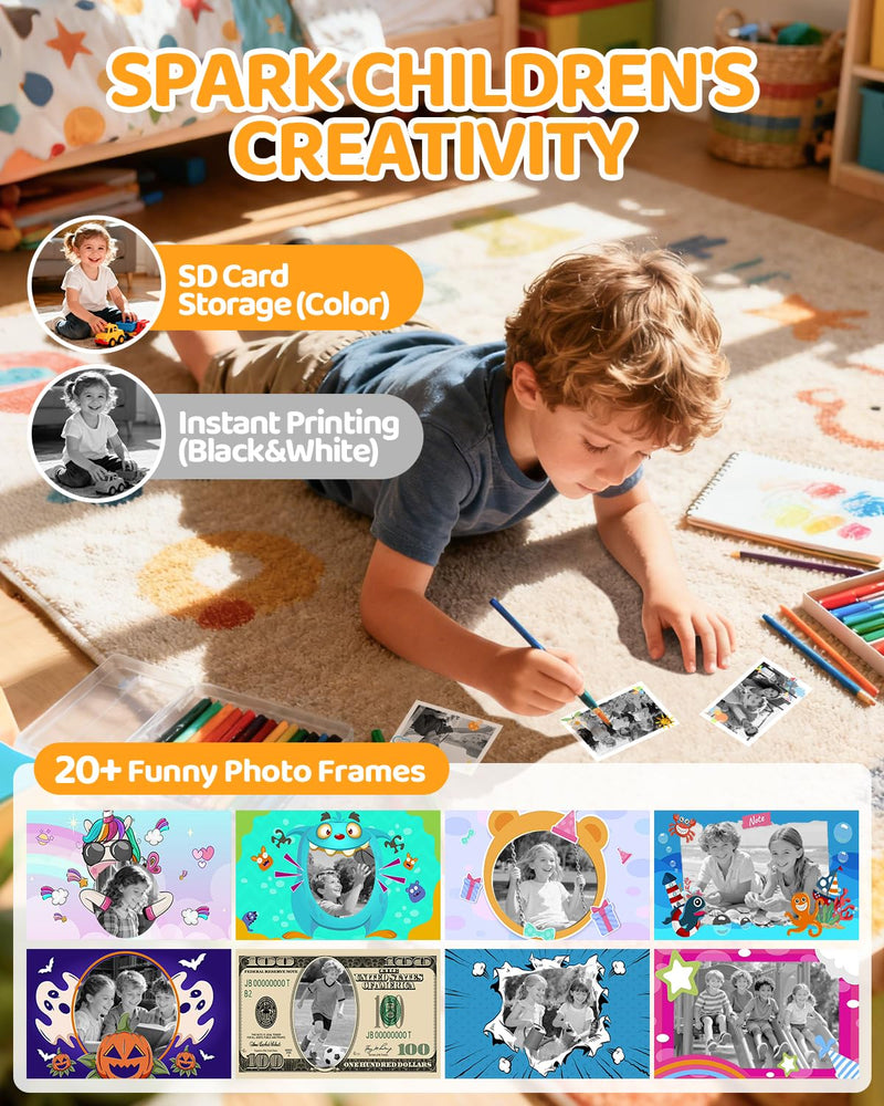 CalineGam Kids Instant Print Camera, 1080P HD Dual Lens with 32GB Card | 2.4" Screen Kids Camera with 3 Paper Rolls, 16X Zoom, Christmas Birthday Gifts for Girls and Boys Age 3-12 White