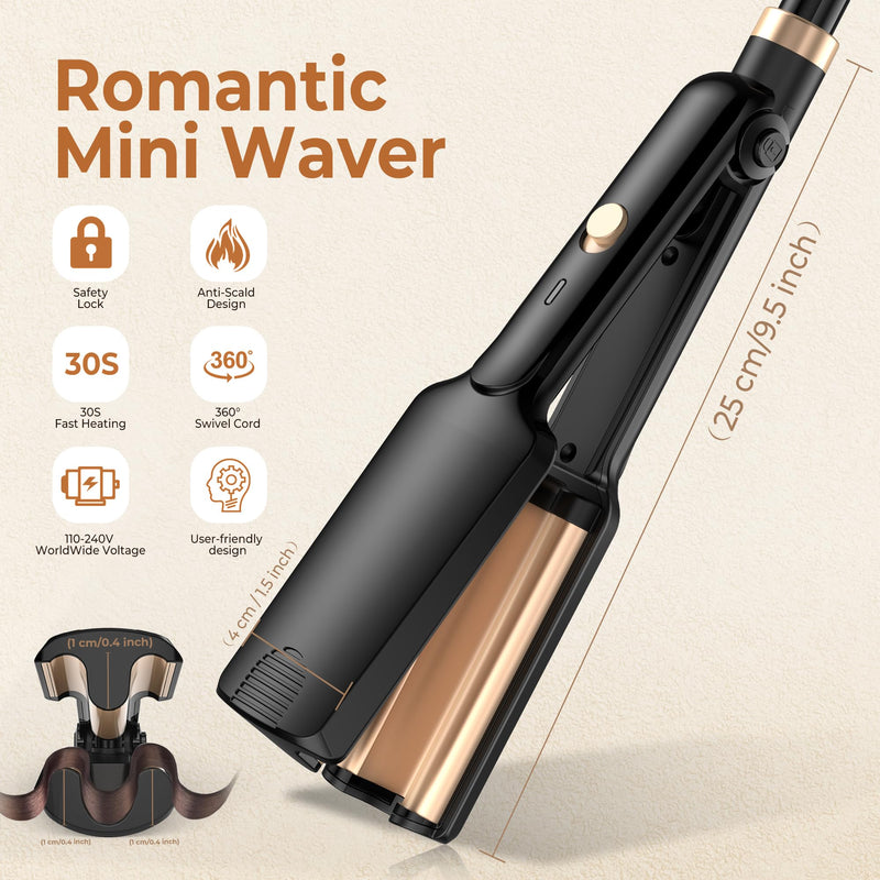 UKLISS Hair Waver Mini Crimper, Pro Beach Waves Curler | 3 Barrels Mermaid Waver, Lightweight & Compact Wave Curling Iron Crimpers for Women, Beginner-Friendly, Double Voltage Black Gold