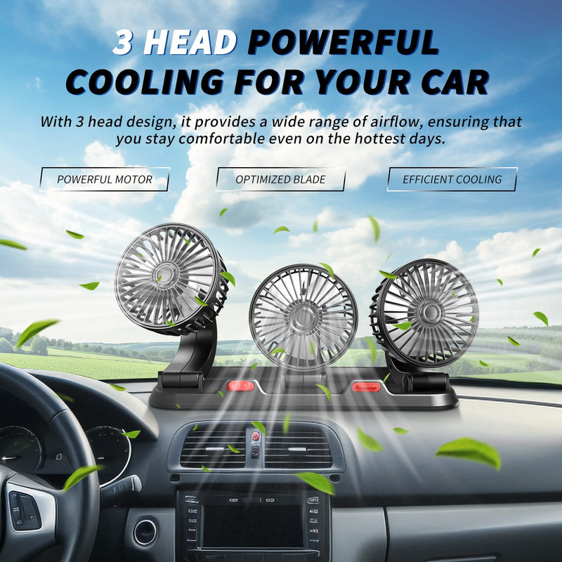 Portable 3-Head Car Cooling Fan with USB Plug | Powerful Airflow Fan for Vehicles Cars Taxi and Road trips USB Powered