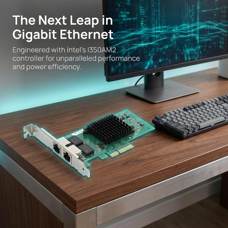 Dual Gigabit NIC with Intel I350 Chip, 1Gb Network Card Compare to Intel I350-T2 NIC, 2 Ports RJ45 Ports, PCI Express 2.1 X4, Ethernet Card with Low Profile for Windows/Windows Server/Linux