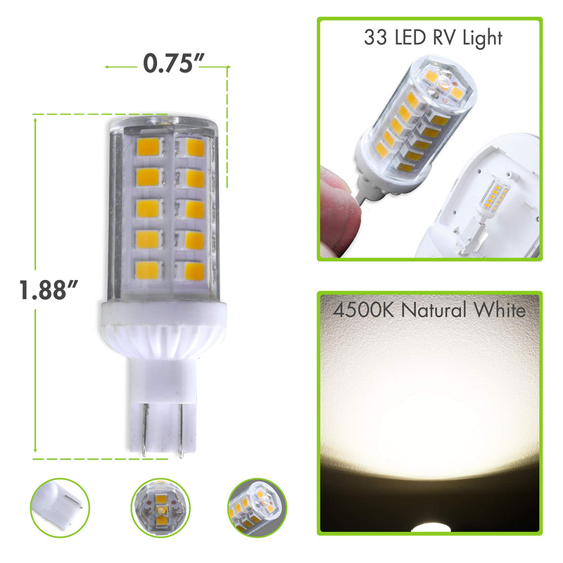 Leisure LED 2 Pack RV LED Light Bulbs 450LM Natural White 4000K T10 921 922 912 33SMD LED Replacement Light Bulbs for RV Indoor Lights 10-30V (Natural White 4000K, 2-Pack) 2 Count (Pack of 1)