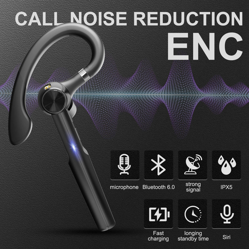 Bluetooth 5.3 Headset, 60Hrs Single Ear Earpiece with Mic | LED Charging Case, Noise Cancelling Mic, Hands-Free Calls for Business, Driving & Meetings Black