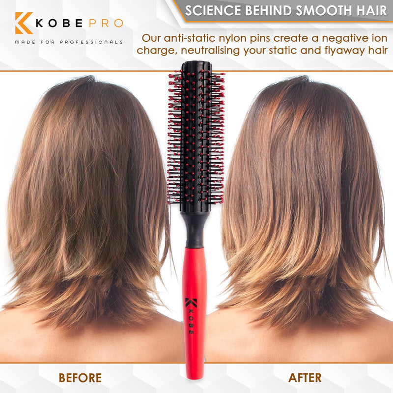 Kobe Professional Large Round Hair Brush and Quiff Roller for Men | 20mm 12-Row Dense Bristles | Comfort Ball-Tipped Pins, Non-Slip Grip, Anti-Static Volumising Styling Tool Barber Supplies L Red