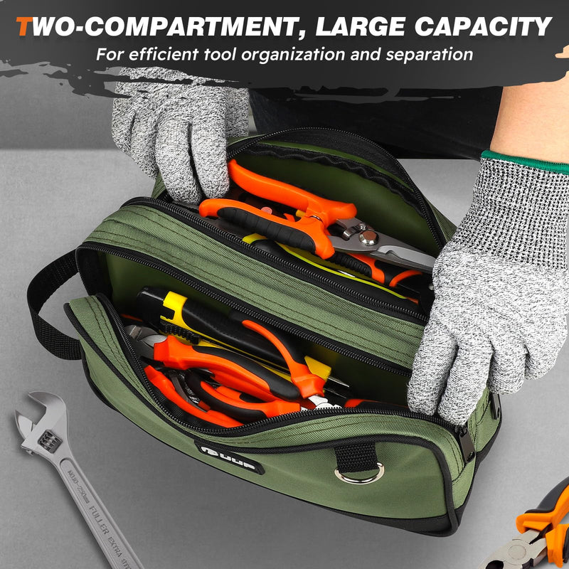 12" Small Tool Bag 2 Pack, Zipper Tool Pouch 2 Compartments, Utility ToolBag with Carrying Handle, Toolbox Organization, Screwdriver Storage Tool Box, Electrician Mechanic Men Dad Gifts, Orange/Green 12" x 7" Orange/Green 2Pack