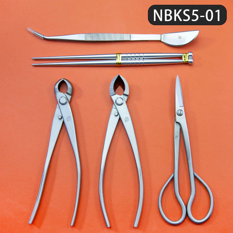 Small Size TianBonsai Bonsai Tools 5-Piece Alloy Steel Bonsai tool Kit In Cluding 180mm Long Handle Scissors / 180mm Branch Cutter / 180mm Knob Cutter / 200mm Straight Root Hook/Tweezers (NBKS5-01)