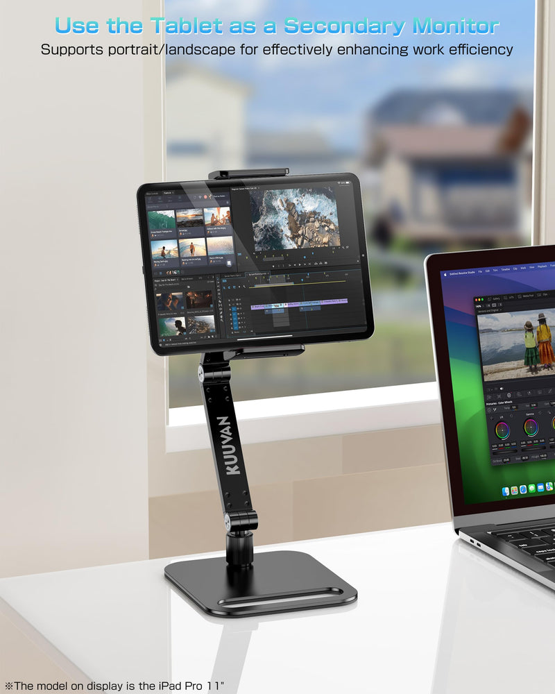 Tablet Stand Holder for iPad, Portable Monitor Stand Holder 15.6'',17.3'', Aluminum Alloy Foldable Arm Mount with 360° Swivel Desk Mount Compatible with 4.7-17.3inch Tablet, Cell Phone (Black) Black
