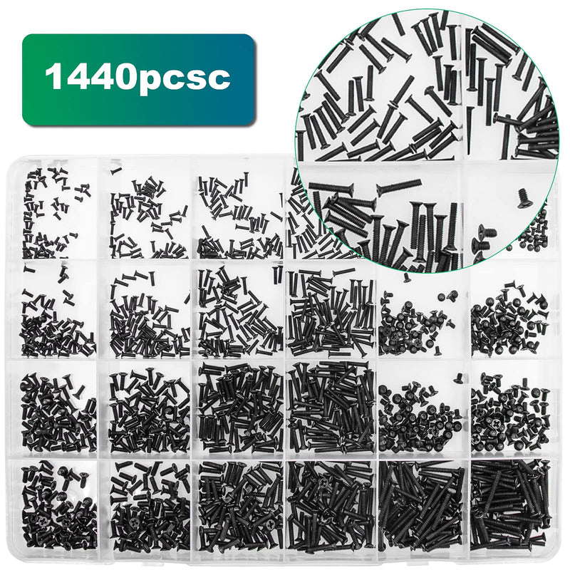 1440 Pcs Black Laptop Notebook Computer Screws M1.2 M1.4 M1.7 M2 Flat Head Phillips Machine Screws Countersunk ssd Screws Accessories Mini Machine Computer Screws Assortments Kits