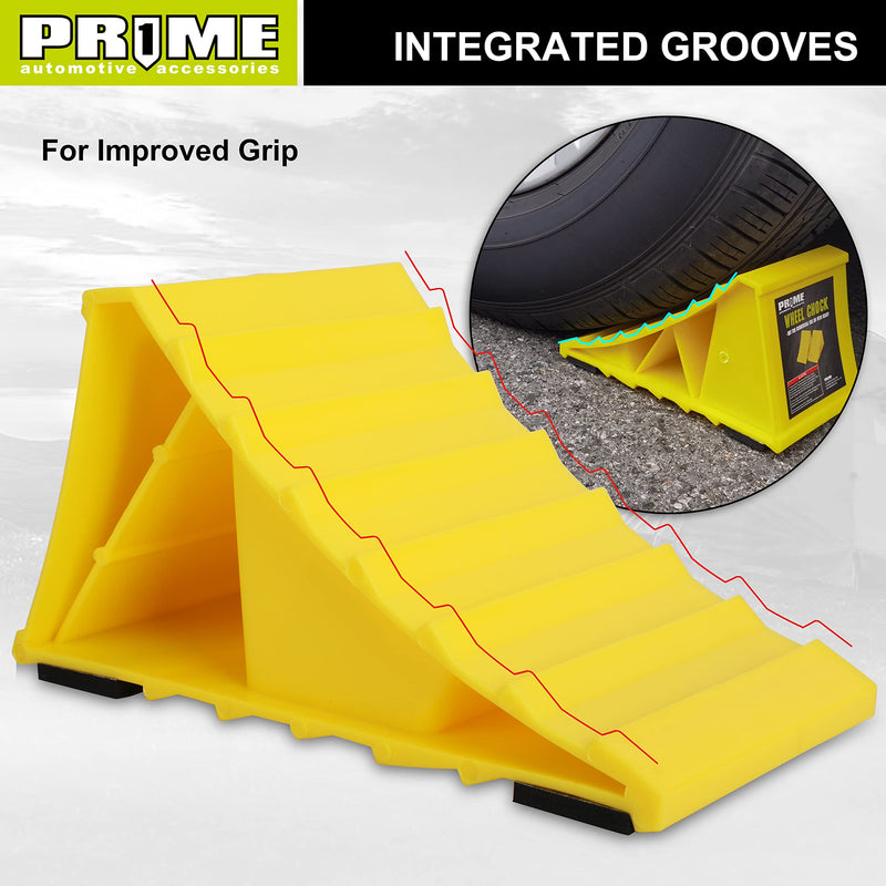 PR1ME Wheel Chocks with Non-Slip Base for RV & Trailer. 2 Pack Heavy Duty Wheel Chock with Bright Yellow. Lightweight Wheel Stoppers for Cars Camper Trucks RVs, Fit for Most Tyre Sizes wheel Chock 2 Pack