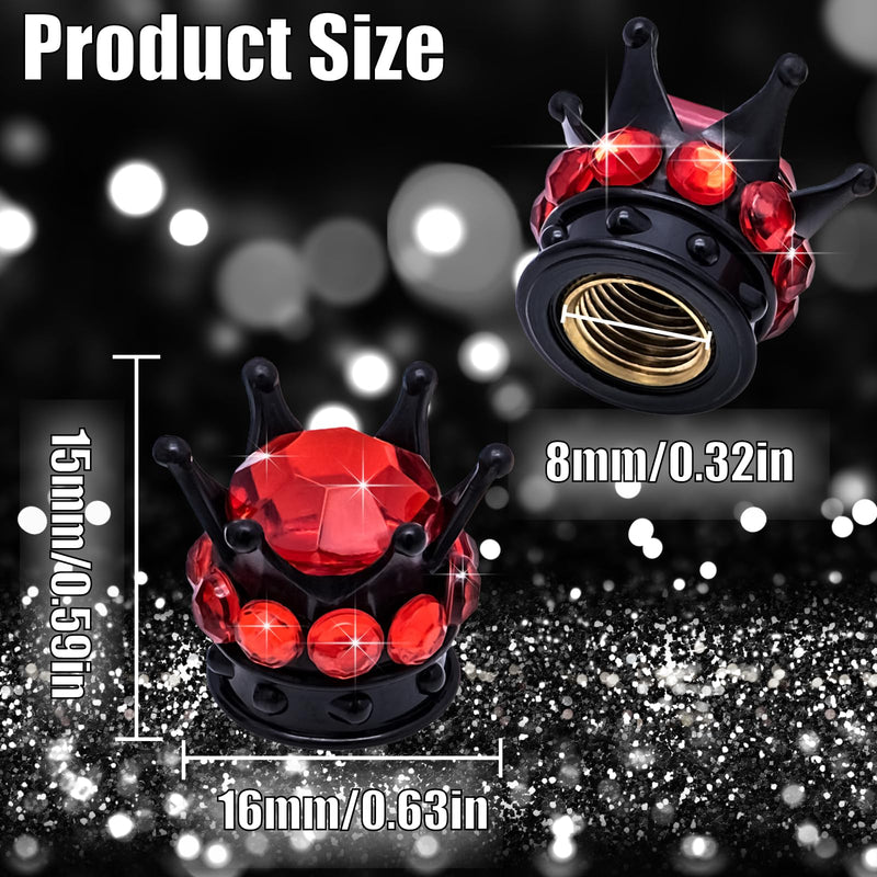 4PCS Crown Bling Tire Stem Valve Caps, Crystal Diamond Car Wheel Tire Valve Caps Universal Copper Core Stem Covers for Cars, SUV, Trucks, Bikes, Motorcycles, Bicycles (Black & Red) Black & Red