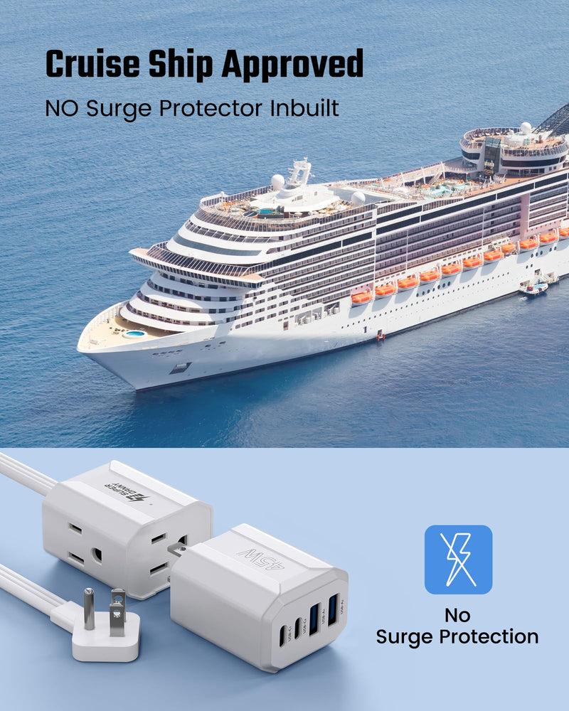 SUPERDANNY Detachable Travel Power Strip,45W USB Fast Charge,2 USB-C & 2 USB-A with 3 Outlets Flat Plug Extension Cord 5ft,Portable Charger for Travel Essentials for Travel Cruise Home, White 5 FT Upgrade Extension Cord with Adapter