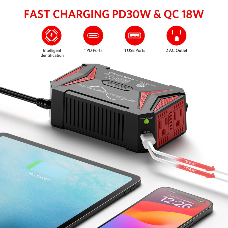 BESTEK 300W Pure Sine Wave Power Inverter - DC 12V to 110V AC Car Converter Plug Adapter Outlet with PD30W USB-C Fast Charger - Vehicle Cigarette Lighter Adapter for Laptop
