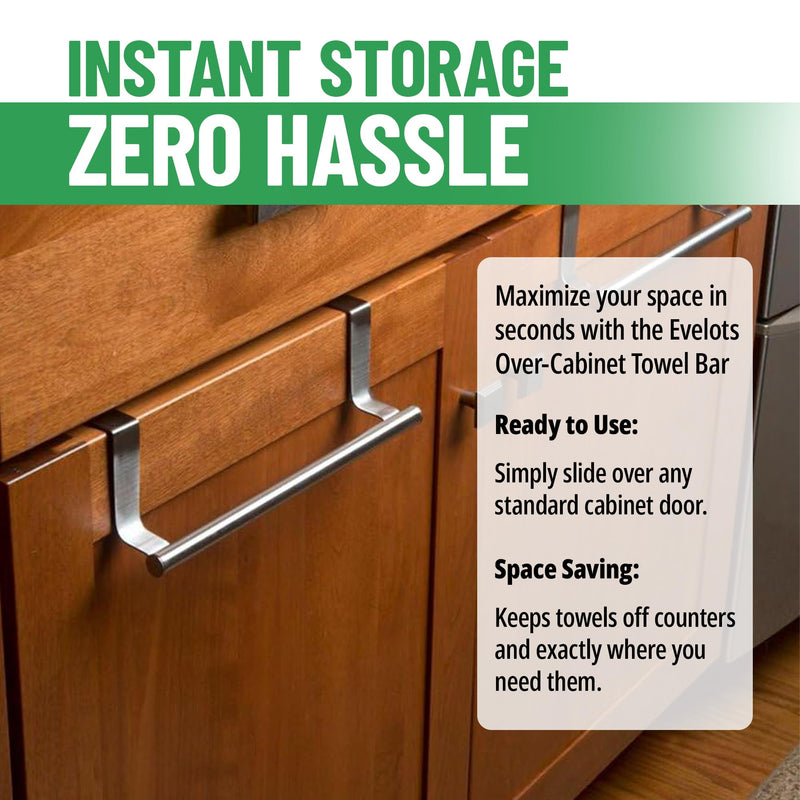 Evelots Towel Hook, Bar Over Cabinet Door - Kitchen, Bathroom - 2 Pack- Hand, Dish Towel Rack Holder - Inside or Outside Door - Brushed Stainless Steel - No Rust - No Scratch - No Installation Set of 2