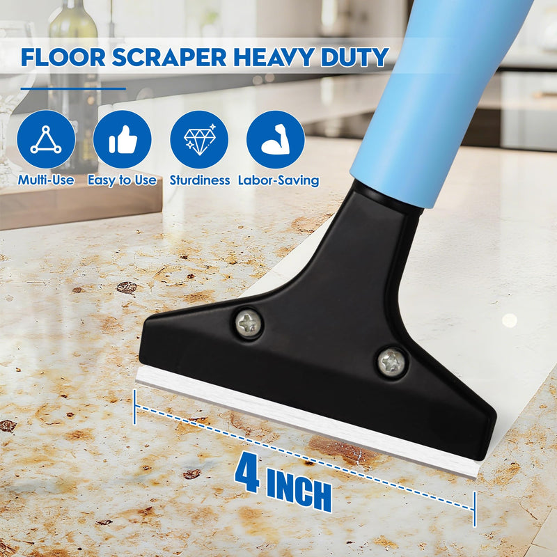 Silver Floor Scraper with 10 Replacement Blades - 4" Razor Blade, Stainless Steel Adjustable Long Handle (37" to 51"), Heavy-Duty Scraper Tool for Cleaning Stove Tops, Glass, Tiles, Walls & Labels