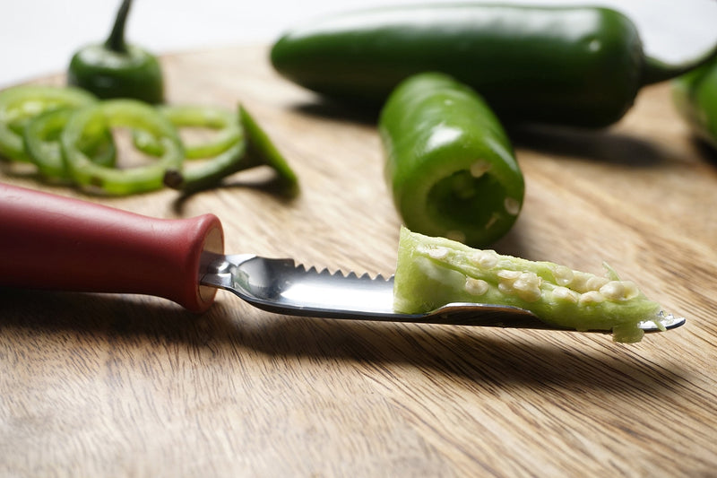 RSVP International Endurance Collection Vegetable Core & Seed Remover, Tomato, Zucchini, Jalapeno Pepper Corer Tool, Dishwasher Safe, 8.25" Overall Length, Stainless Steel Blade, Red Handle