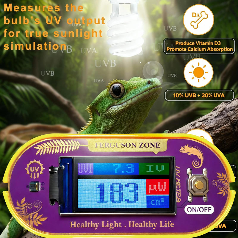Reptile UVB UVA Light Meter for Bearded Dragon Tank Accessories, Portable Light Meter & Radiation Detector for Reptiles, Test Light and Sunlight Wavelength Meter with CR2032 Battery Light Yellow