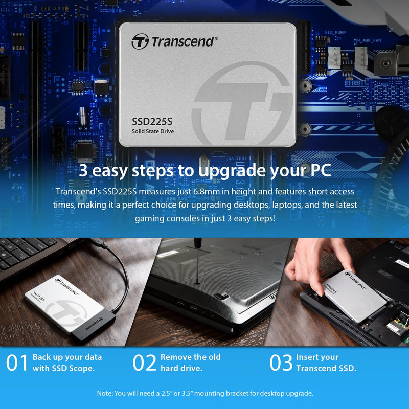 Transcend 1TB 2.5" SATA III 6Gb/s SSD, Up to 550MB/s, Compatible with PS4, Laptops, Desktops, PCs, Notebooks Upgrade, Internal Solid State Drive with SLC Cache, 3D TLC NAND, RAID Engine, LDPC Coding SSD225S