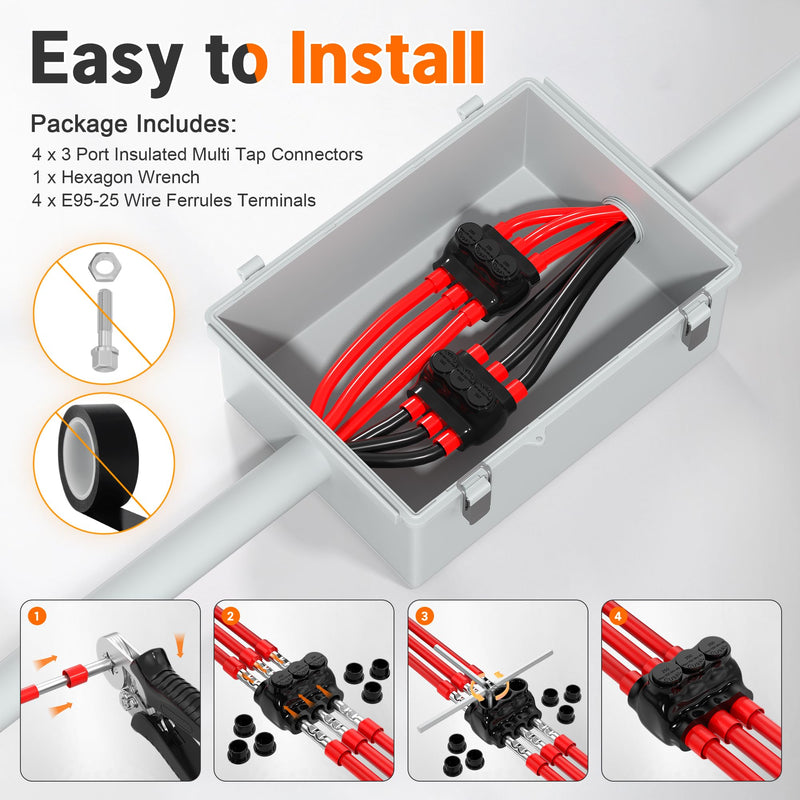 Joinfworld 3 Port Insulated Multi Tap Connector 250MCM-6 Gauge Wire Connectors Aluminum to Copper Wire Connectors Dual Entry Black Electrical Cable Connectors with Slotted Allen Hex - 4 Pack 250MCM-6 AWG