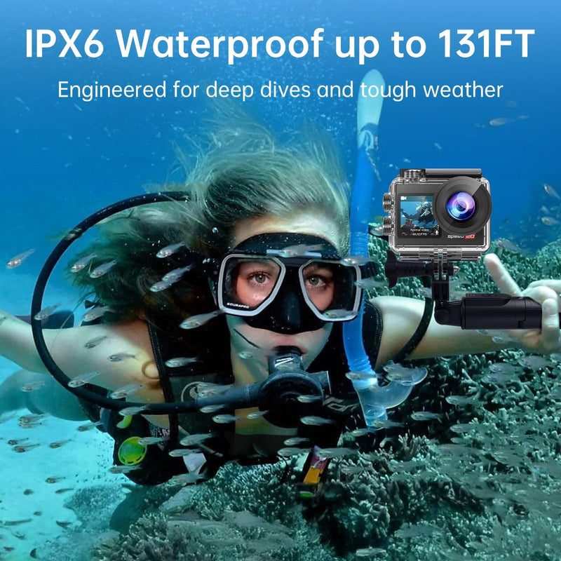 4K Action Camera 20MP Touch Screen WiFi EIS 131FT Waterproof | Dual touch screens, 170° wide-angle, 5X zoom, remote control. For snorkeling, biking, helmet. 2 rechargeable batteries.