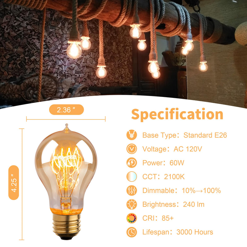 Warm Incandescent Light Bulbs 60 Watt,A19/A60 Vintage Style Edison Bulbs E26,Soft Yellow Light Bulbs,Amber Bulbs,Retro Light Bulb Old Fashioned,Halogen Dimmable Edison Bulb Squirrel Cage 12 Pack Amber Glass-2100k 12 Count (Pack of 1)