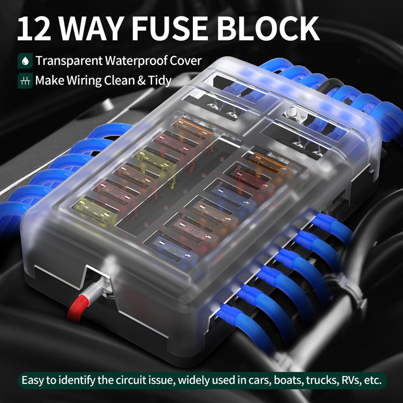 DaierTek 12 Way Fuse Block, 12 Volt Blade Fuse Block with LED Indicator 12 Circuit Fuse Box 12V ATO/ATC Marine Fuse Panel 24V with Waterproof Cover Fuse Terminals for Automotive Boat Car RV