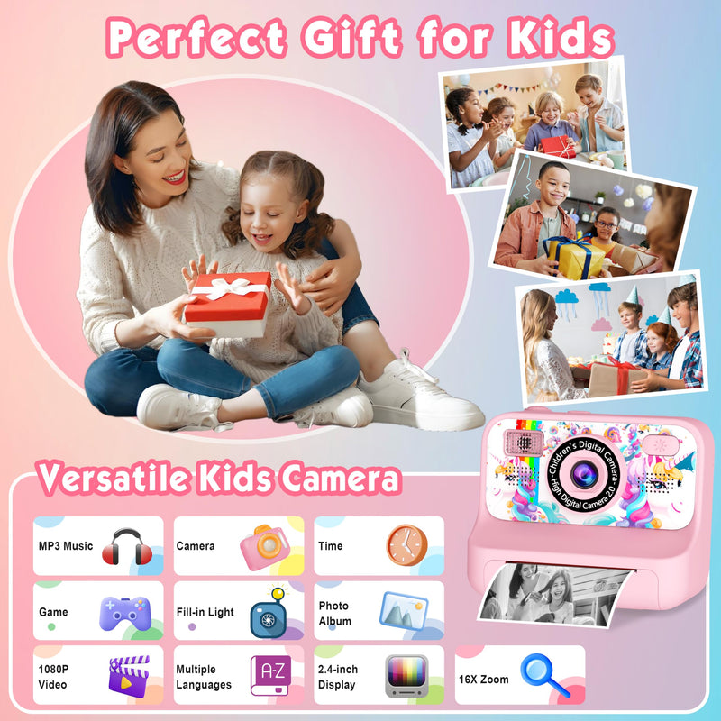 Kids Camera, Upgrade Kids Camera Instant Print, Front Rear Dual Selfie Digital CAM with 1080P Videos, Portable Travel Toy with Games and Music, Christmas Birthday Gift for Boys, Girls and Teens Pink