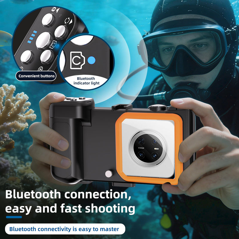 Diving Case for iPhone & Galaxy, 49FT/15M, Bluetooth Shutter | Anti-drop housing helps protect the phone for underwater photos while snorkeling or diving and comes in black-orange. Black Orange