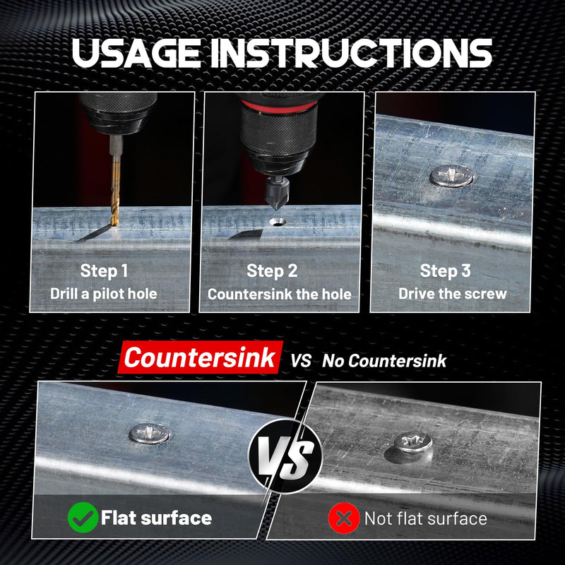 EZARC Countersink Drill Bit Set for Hard Metal, Titanium Aluminum Nitride Coated Counter Sink Drill Bit with 1/4" Hex Shank, 82 Degree 5 Flutes Design, 1/4” 3/8” 1/2” 5/8” 3/4”, 5PCS with Storage Box