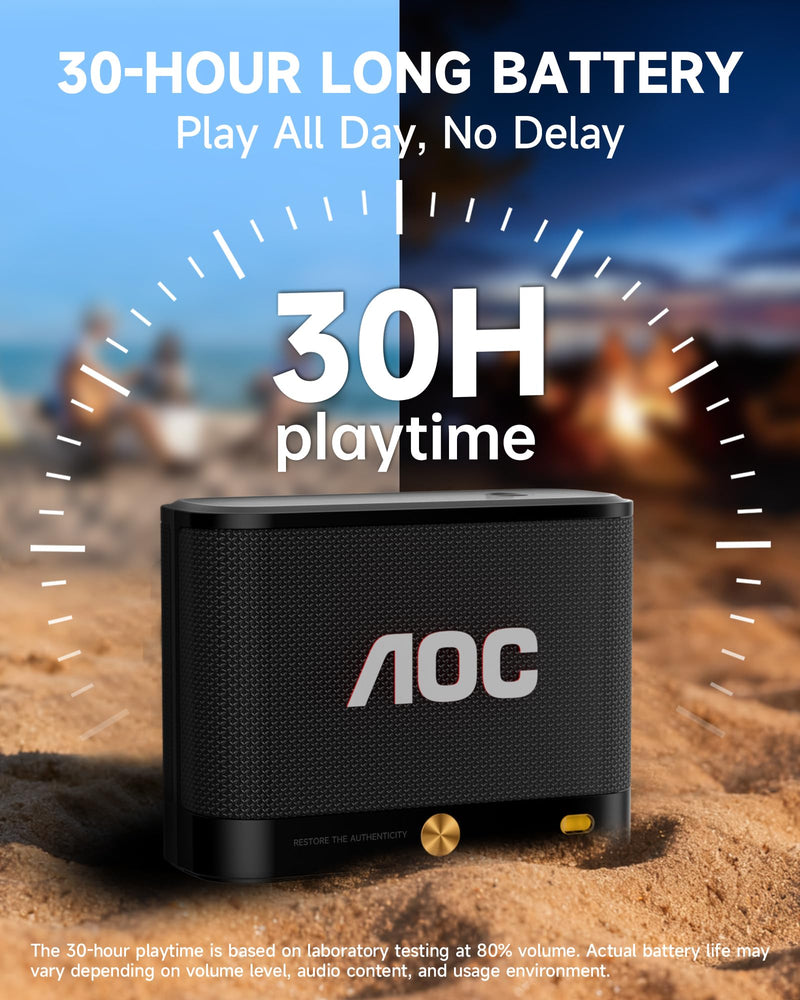 AOC Portable Bluetooth Speaker, Shower Speaker, BT 5.4 with Wireless Stereo Pairing, BassUp, IP65 Waterproof, Dustproof, 30-Hour Playtime, Compact Small for Home, Outdoors, Black